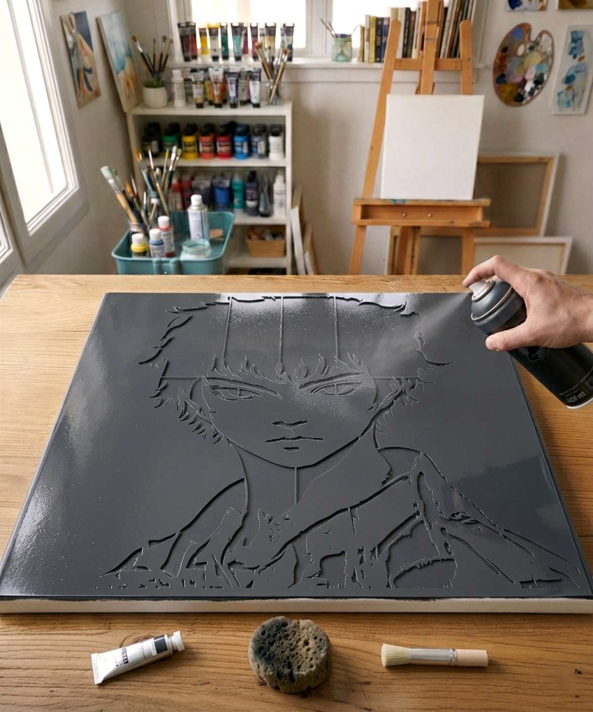 Pochoir Manga – Portrait Jeune Héros - MGS011 stencil painted on canvas for a painting from an artistic collection