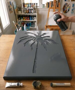 Pochoir Palmier Tropical- N0025 stencil painted on canvas for a trees and flowers painting
