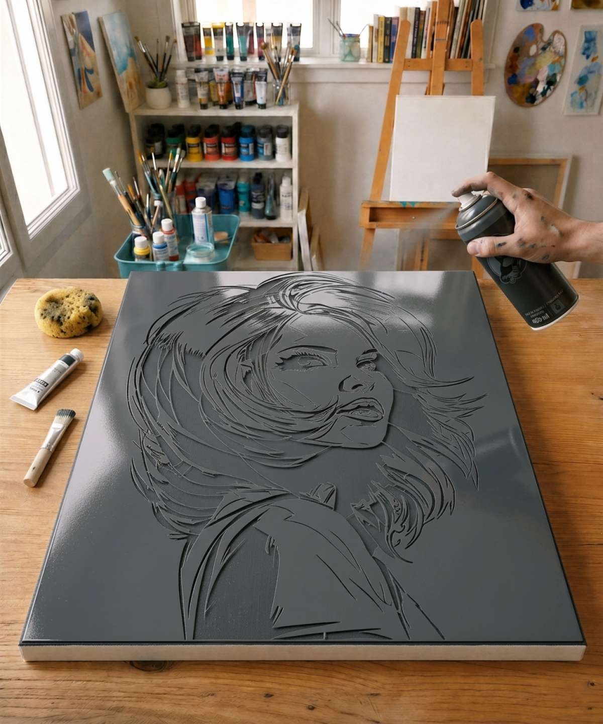 Pochoir Portrait Femme Pop Art - PA0007 stencil painted on canvas for a pop art portrait painting