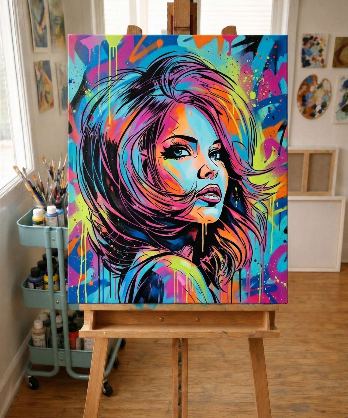 Pochoir Portrait Femme Pop Art - PA0007 stencil result painted in colorful street art with spray paint and brushwork style in workshop