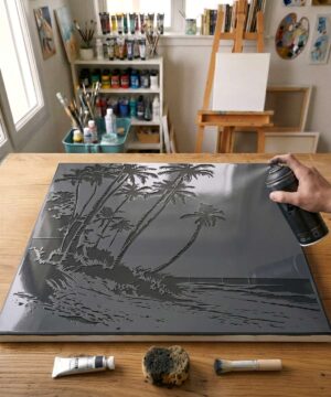 Pochoir Plage de Palmiers - PL0001 stencil painted on canvas for a nature landscape painting