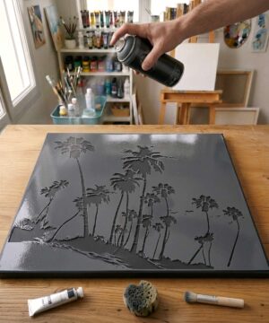 Pochoir Plage de Palmiers - PL0002 stencil painted on canvas for a nature landscape painting