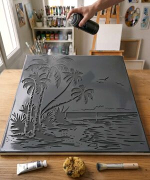 Pochoir Plage de Palmiers - PL0003 stencil painted on canvas for a nature landscape painting