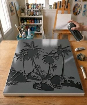 Pochoir Plage de Palmiers - PL0005 stencil painted on canvas for a nature landscape painting