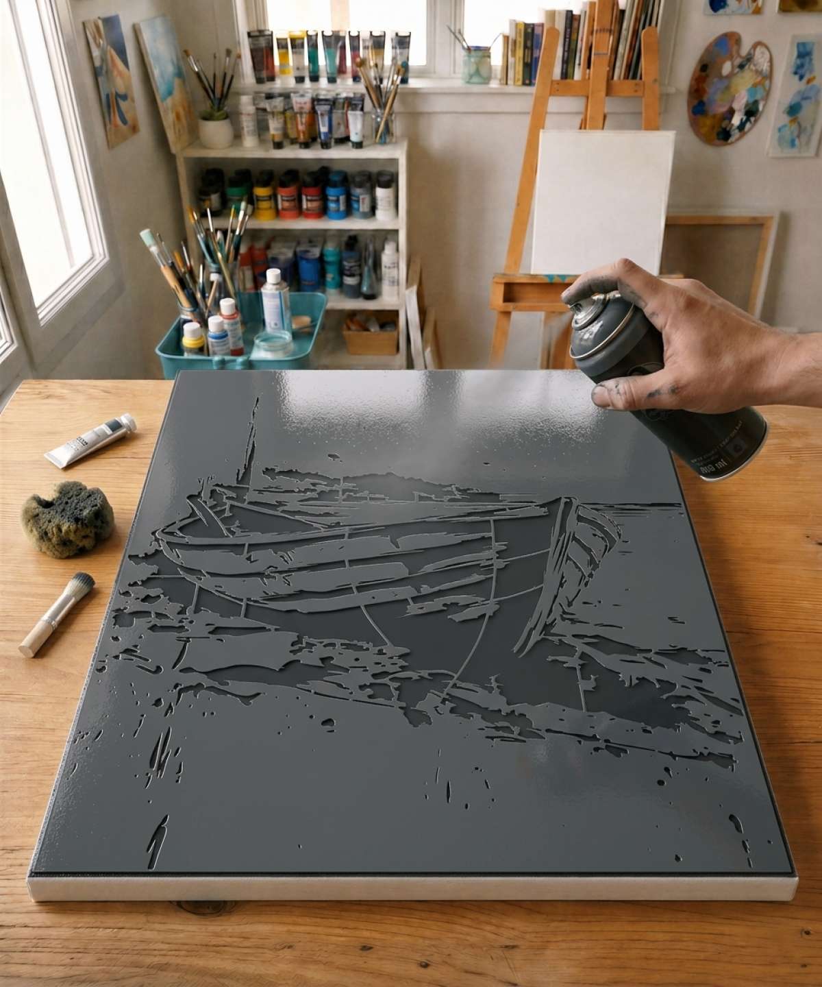 Pochoir Paysage Marin - PL0007 stencil painted on canvas for a nature landscape painting
