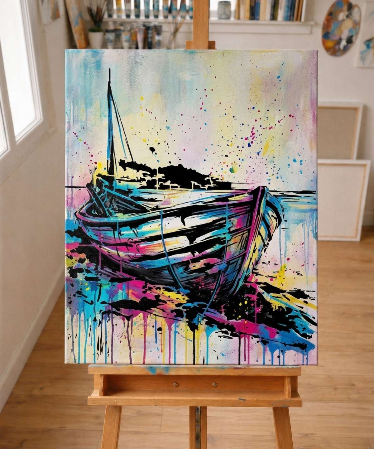 Pochoir Paysage Marin - PL0007 stencil result painted in colorful street art with spray paint and brushwork style in workshop