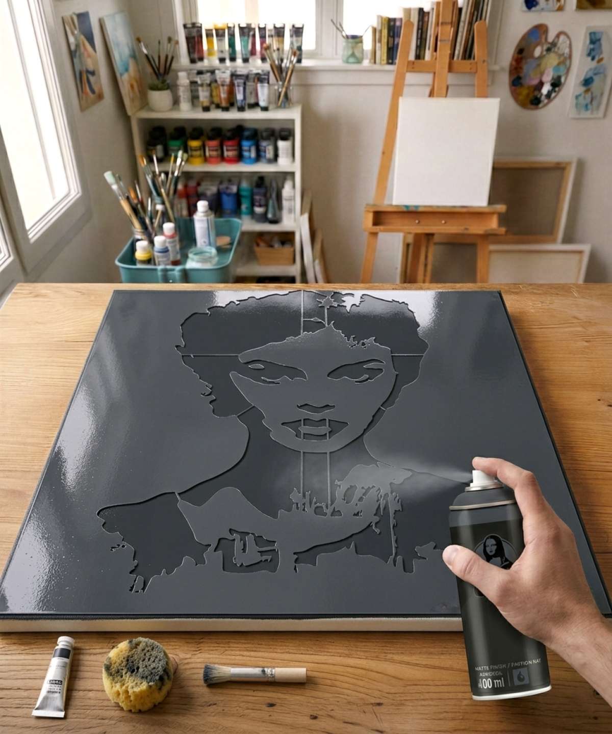 Pochoir Portrait Féminin - PV0043 stencil painted on canvas for a portrait and face painting