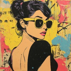 Colorful painting of a woman with sunglasses. Chic and trendy feminine silhouette.