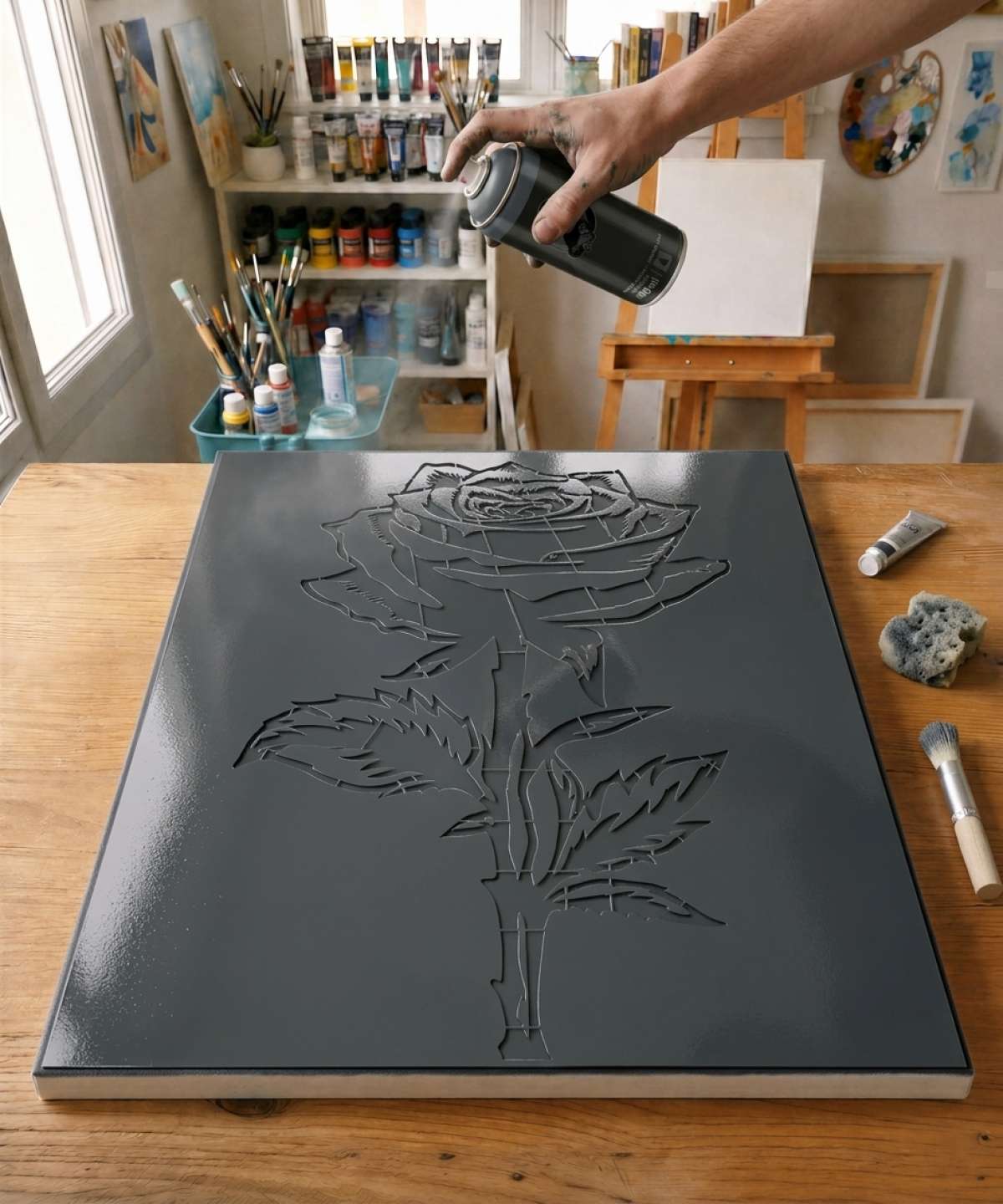 Pochoir Rose Vintage - RM006 stencil painted on canvas for a street art rose painting