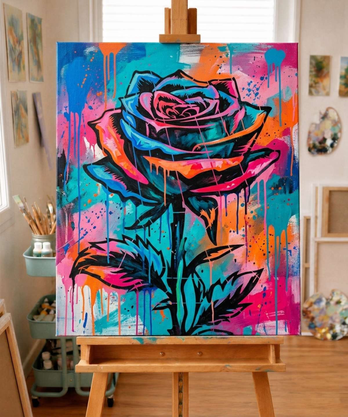 Pochoir Rose Vintage - RM006 stencil result painted in colorful street art with spray paint and brushwork style in workshop