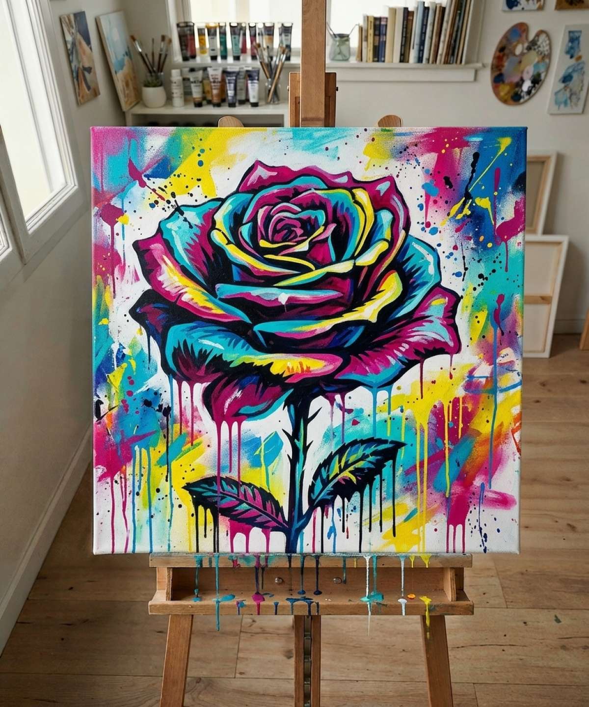 Pochoir Rose Artistique - RM007 stencil result painted in colorful street art with spray paint and brushwork style in workshop