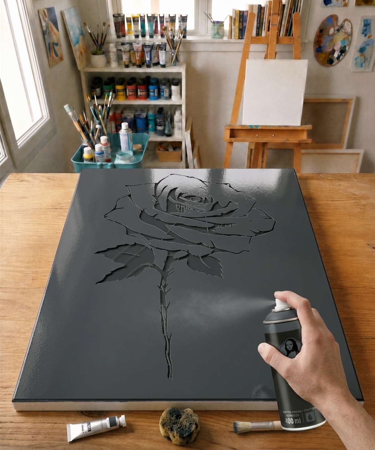 Pochoir Rose Moderne - RM008 stencil painted on canvas for a street art rose painting