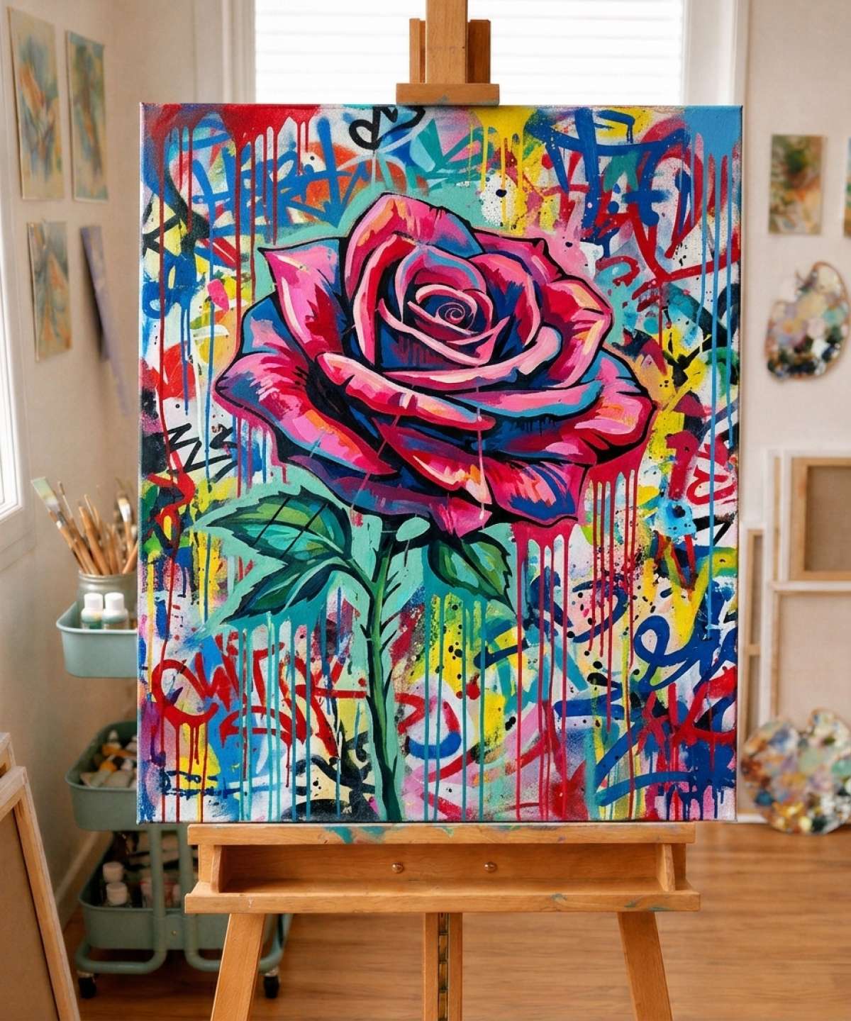 Pochoir Rose Moderne - RM008 stencil result painted in colorful street art with spray paint and brushwork style in workshop