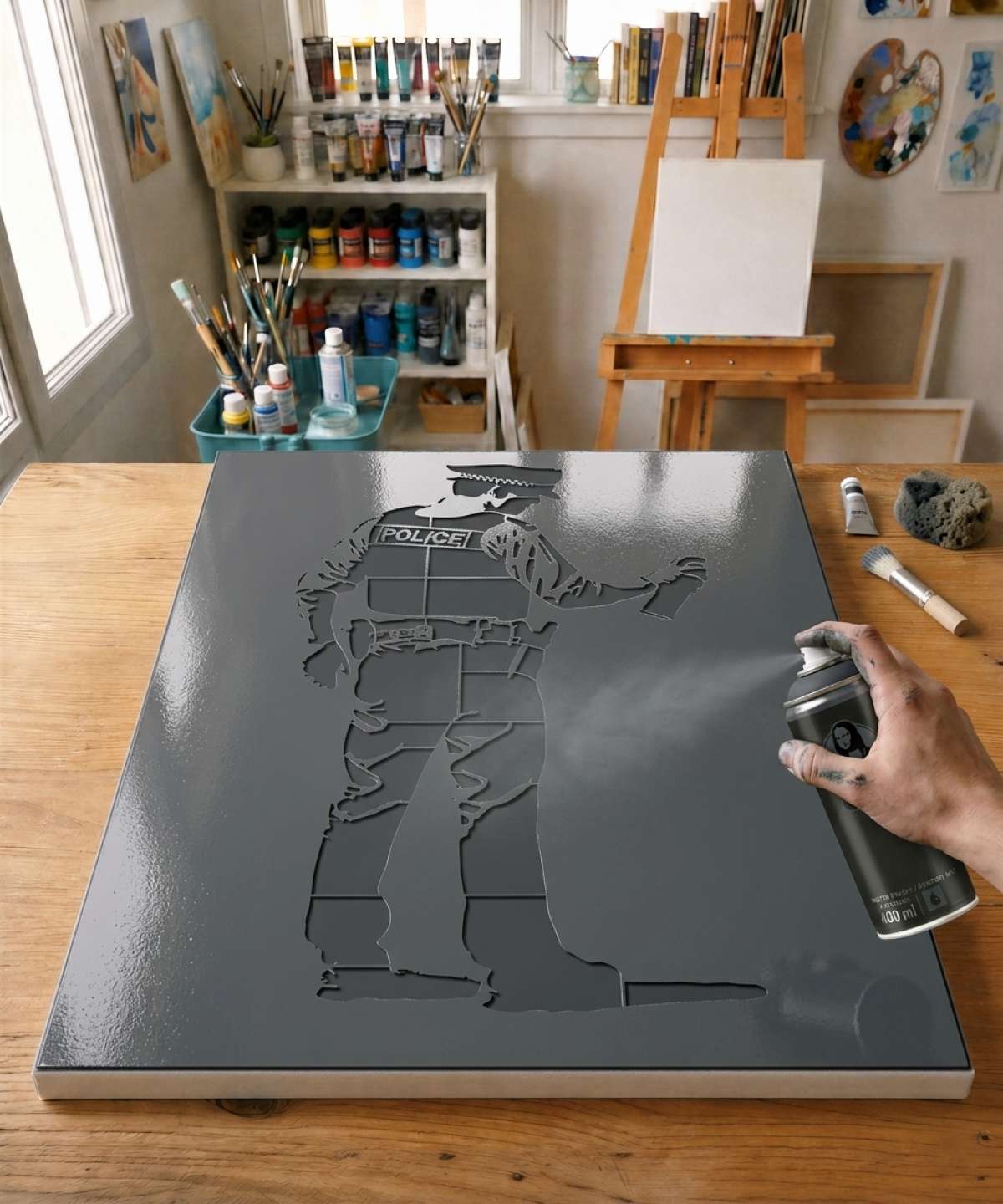 Pochoir Policier du Street Art - SA0046 stencil painted on canvas for a painting from an artistic collection