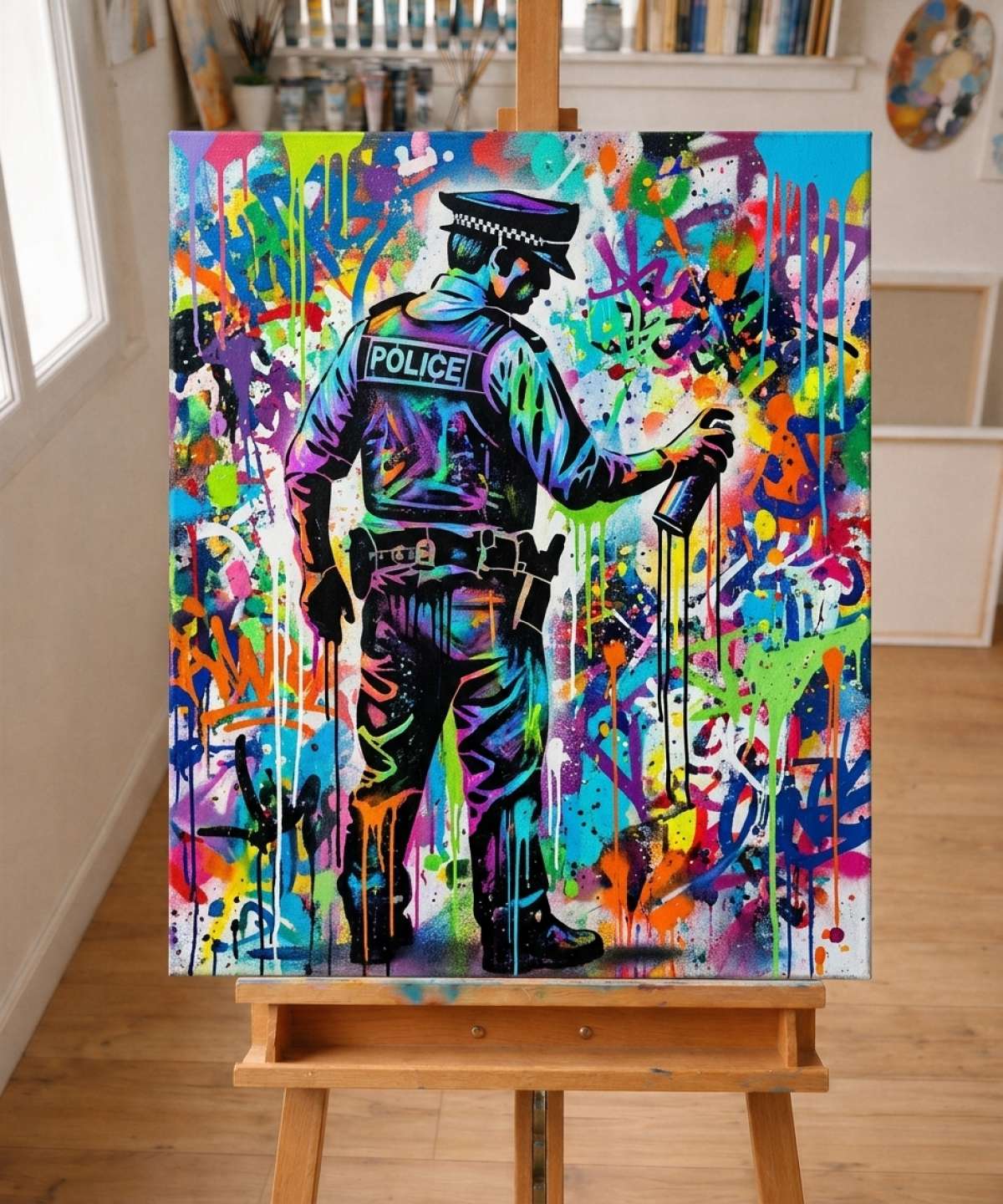 Pochoir Policier du Street Art - SA0046 stencil result painted in colorful street art with spray paint and brushwork style in workshop