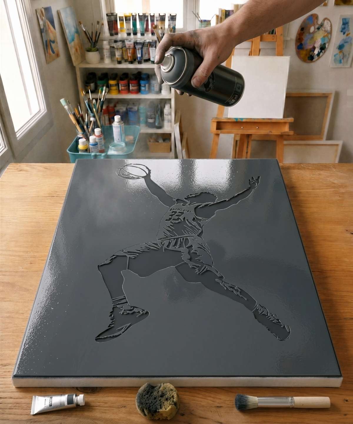 Pochoir Joueur de Basket - SP0007 stencil painted on canvas for a sports theme painting