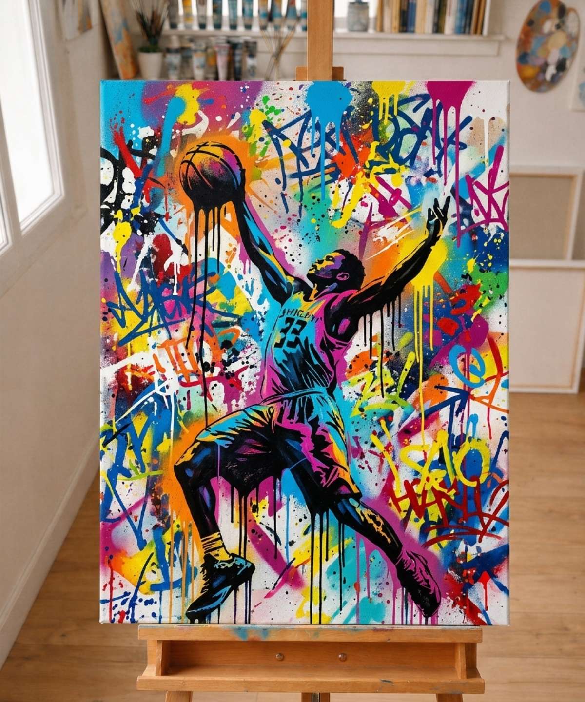 Pochoir Joueur de Basket - SP0007 stencil result painted in colorful street art with spray paint and brushwork style in workshop