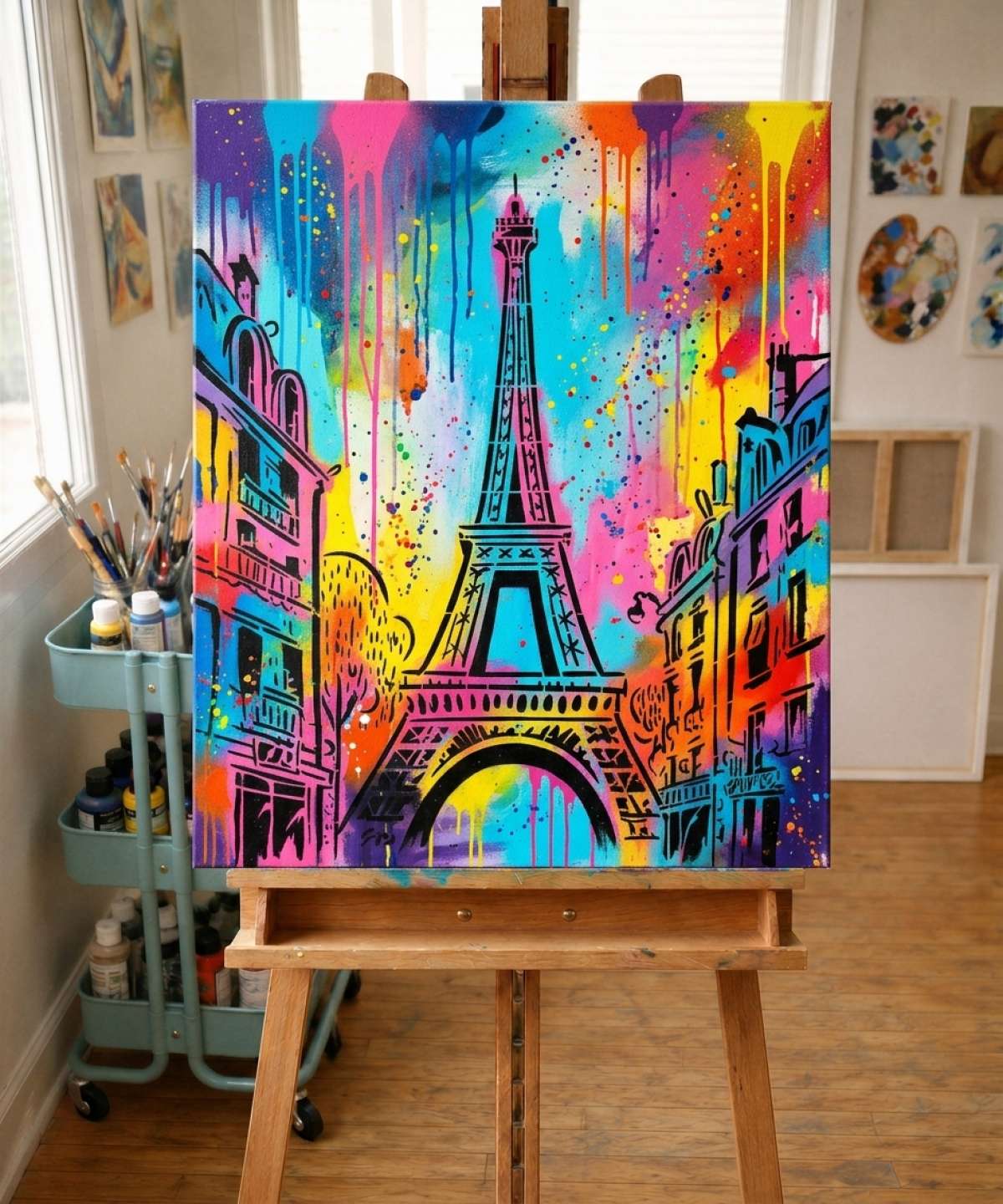eiffel tower sketch stencil paris stencil result painted in colorful street art with spray paint and brushwork style in workshop
