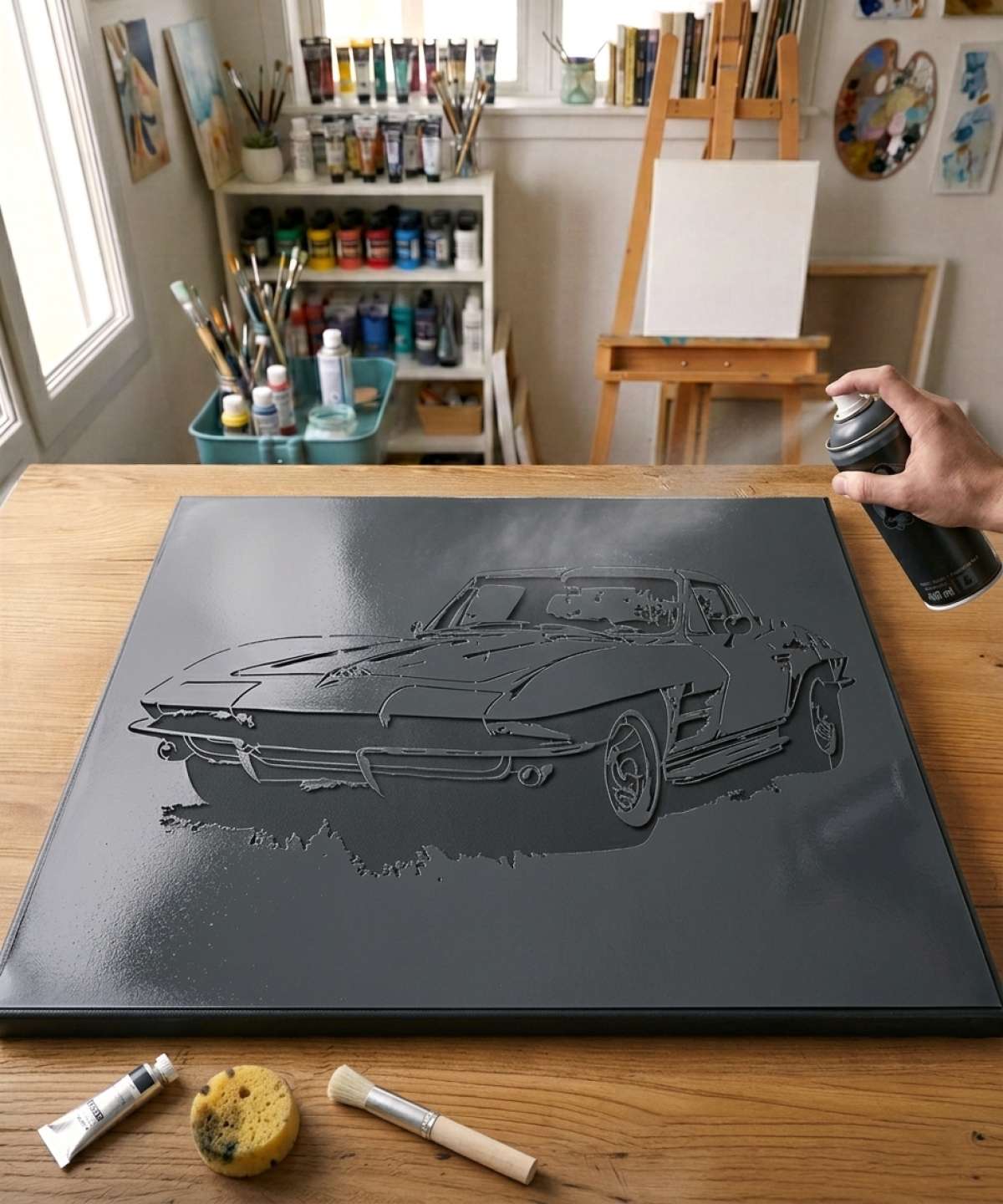 Pochoir Corvette Muscle Car - UM0029 stencil painted on canvas for a mechanical universe painting