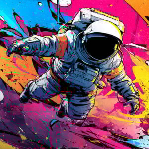 Colorful illustration of an astronaut floating in space