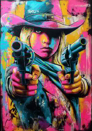 Colorful artwork inspired by the Western, created with the Army Cowgirl Stencil.