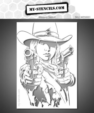 Stencil depicting a cowgirl armed with two revolvers.