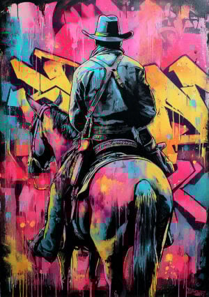 Colorful mural of a cowboy on horseback - Immersive Wild West