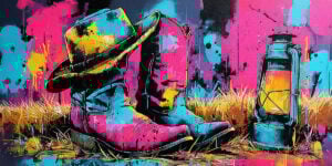 Example of colorful painting using a stencil with a Western theme. Spirit of the Wild West