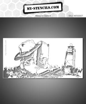 Western-themed stencil with boots, hat, and lantern