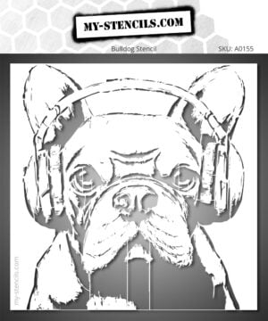 Bulldog stencil with headphones, street art design for mural painting and DIY music universe.