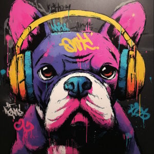Illustration created with a bulldog stencil wearing headphones. Street art style, urban musical vibe, and modern wall decoration.