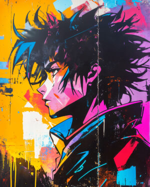 Colorful illustration in Japanese anime style showing an artistic example created with a manga stencil.