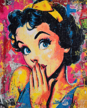 Stencil of a vintage feminine icon applied on canvas, retro 50s style urban art illustration.
