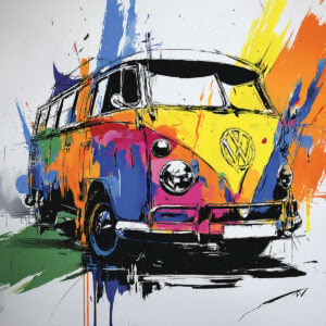 Colorful illustration of a vintage van using artistic stencil - travel and freedom inspiration, modern and creative wall decoration.