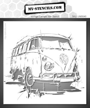 Stencil of a detailed vintage van, template for wall painting and DIY projects with a travel and retro theme.