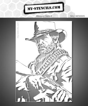 Western cowboy stencil with hat, revolver, ammo belt, and American Wild West style.