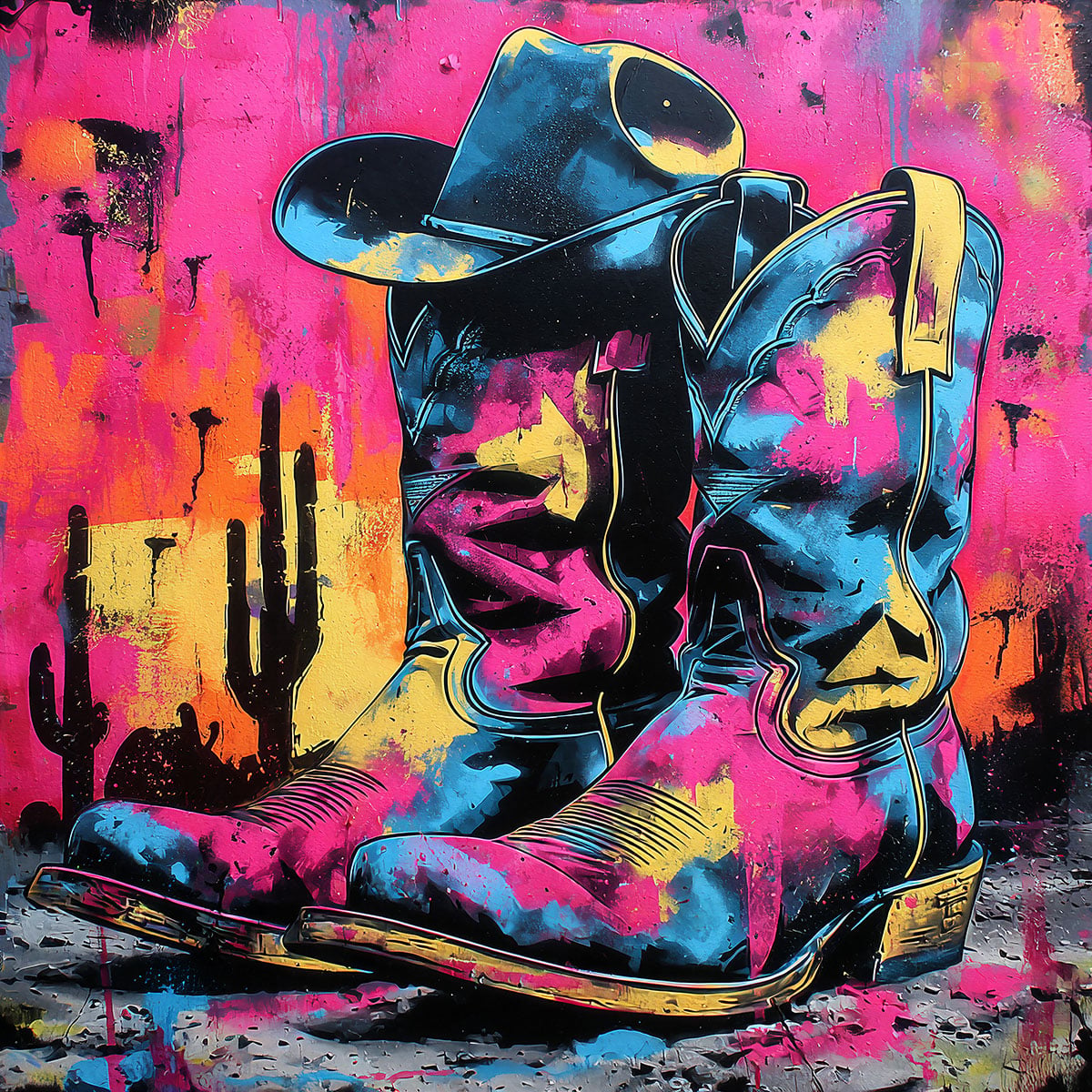 Colorful illustration of cowboy boots in a contemporary western style, showcasing an artistic example created with a stencil.