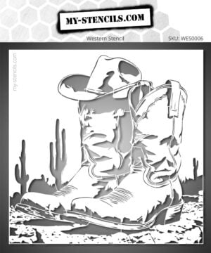 Stencil of western cowboy boots with cactus and desert ambiance inspired by the American Wild West. Various sizes. Professional quality.