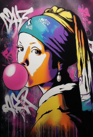 Stencil of Girl with a Pearl Earring Bubble Gum reimagined in a contemporary style