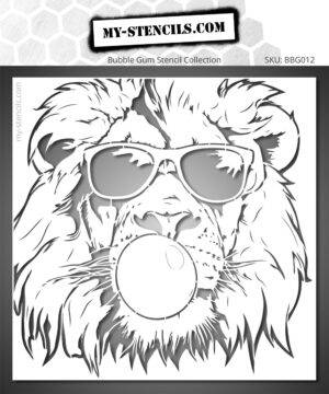 Stencil of a lion wearing sunglasses and blowing a bubble with gum.