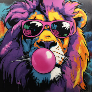 Stencil of a lion with sunglasses and bubble gum in Bubble Gum Attitude style