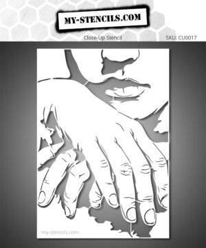 Stencil depicting a close-up of hands and the lower face, in a minimalistic composition where details and expressions become the main elements of the visual.