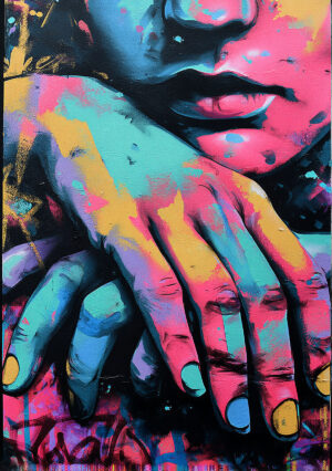 Close-up portrait highlighting hands and lips in a contemporary artistic composition with vibrant and contrasting colors.