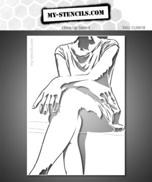 Stencil depicting a female silhouette sitting with arms crossed over the leg, in a minimalist composition highlighting the fluidity of the lines and the balance of the shapes.