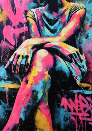 Female silhouette sitting with elegant and harmonious lines, depicted in a contemporary artistic style with bright and contrasting colors.