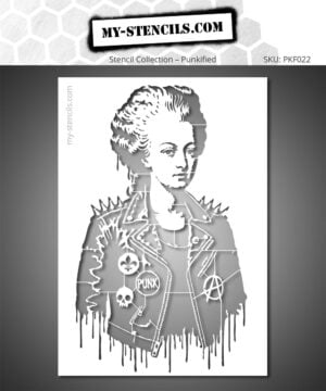 Stencil of Marie Antoinette Punk wearing a studded leather jacket in a rebellious street art style