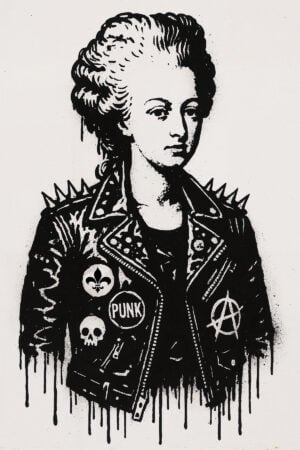 Illustration inspired by a royal figure, Marie Antoinette reimagined as a punk icon with a studded leather jacket and a rebellious spirit.