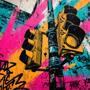 Painting inspired by Urban Signal Stencil depicting a traffic light seen from a low angle