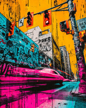 Colorful artistic interpretation of an urban scene with graffiti and traffic lights