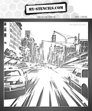 Stencil of an urban scene with taxis and skyscrapers
